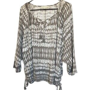 Love Stitch 3/4 Sleeve Green Tassel Tie Neck Blouse Size S/M Ruched Side Strings